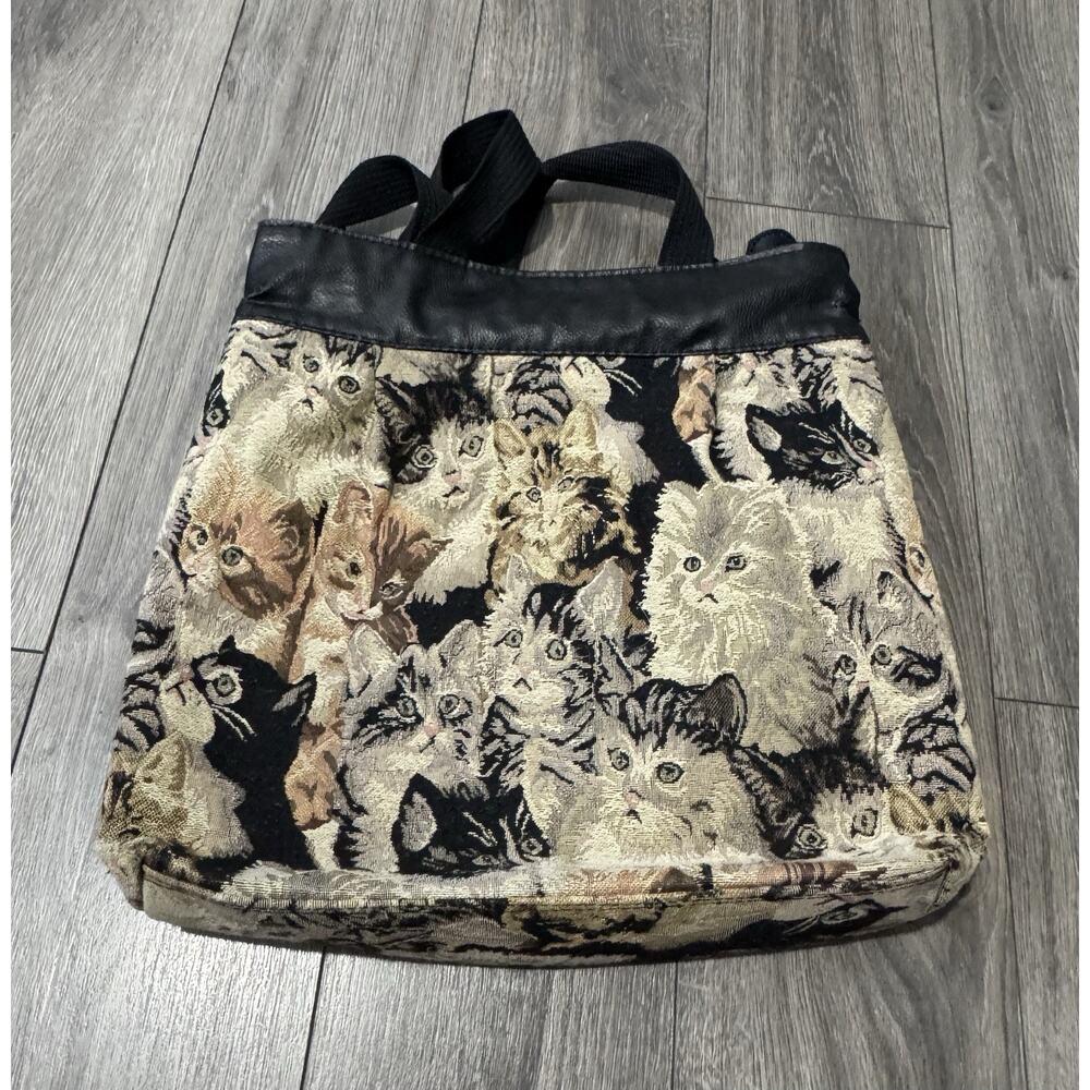 Vintage Cat Tapestry and Black Leather Look Tote Shoulder Bag